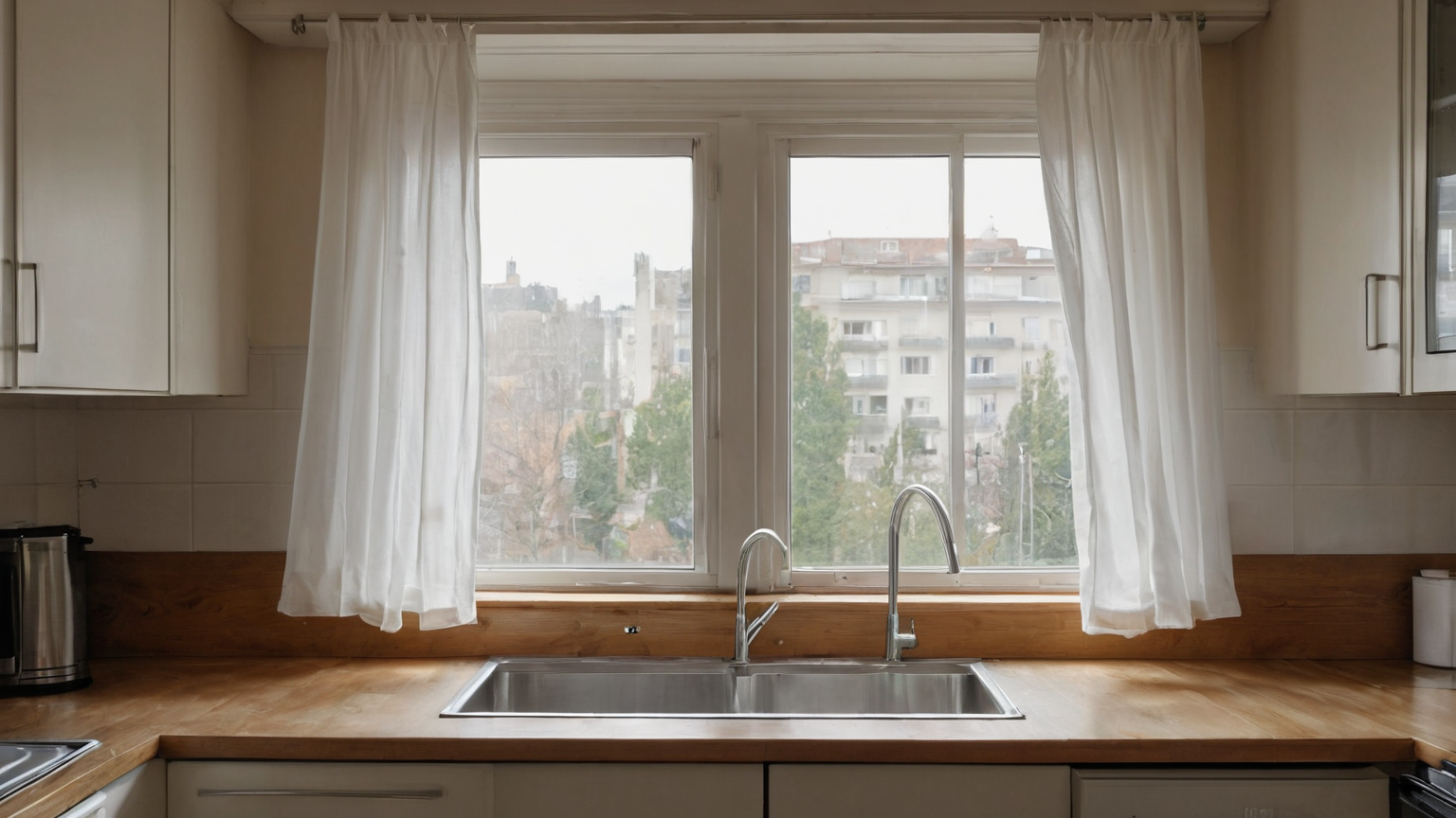 A stable plain fan exhausting through an apartment kitchen window